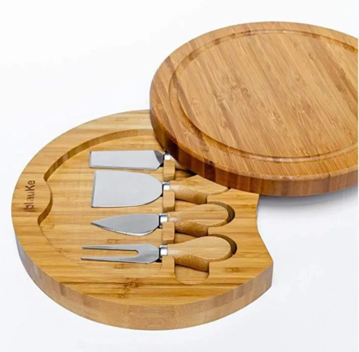 Kitchen Tools Bamboo Cheese Board and Knife Set Round Charcuterie Boards Swivel Meat Platter Holiday Housewarming Gift SN6214