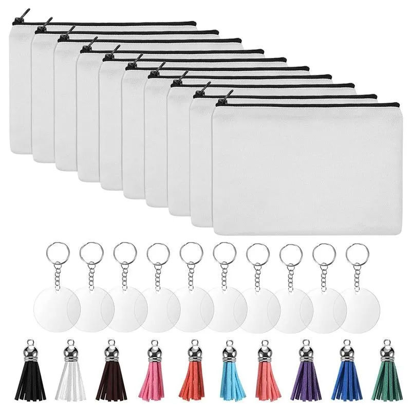 Sacs à cosmétiques étuis transfert de chaleur ensemble de sacs vierges 10 pièces toile avec bouclettes acryliques rondes porte-clés glands cosmétique