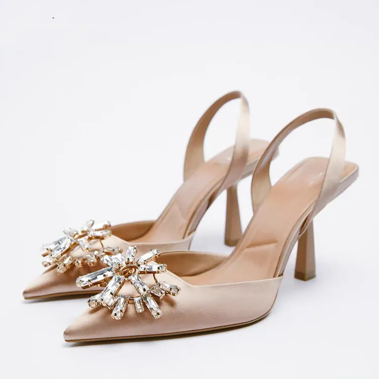 Kadınlar Rhinestone topuklu ayakkabılar sivri uçlu yaz pompaları yüksek topuk sandaletleri kadın slingback topuklu kadın düğünler gelin ayakkabıları cl0701