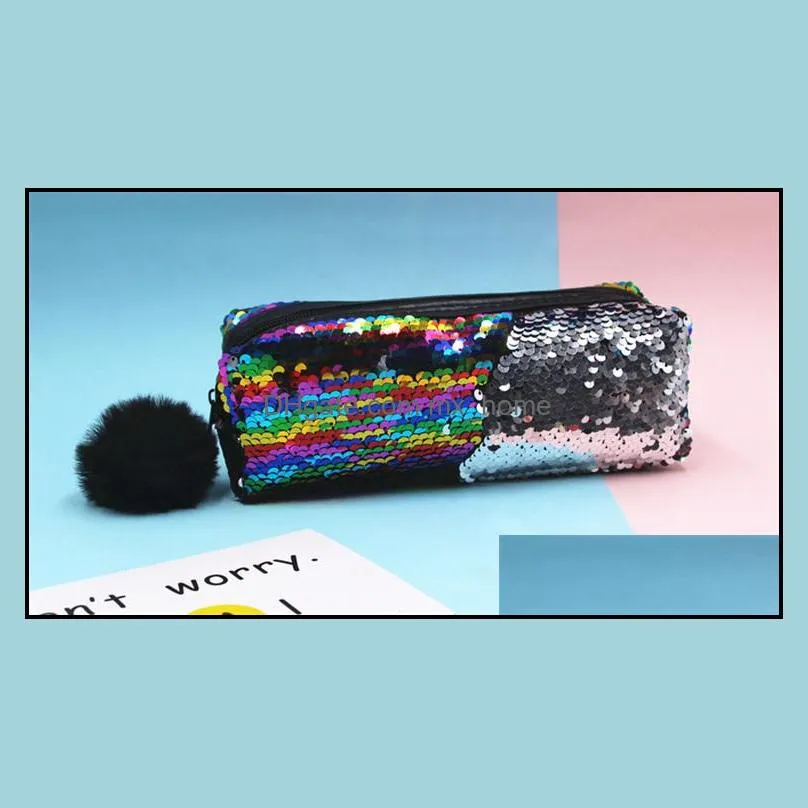 DHL Sequin Pencil Case Sequin Cosmetic Bag Mermaid Spiral Reversible Sequin Student Pencil Case Double Color Zipper Make Up Pouch for