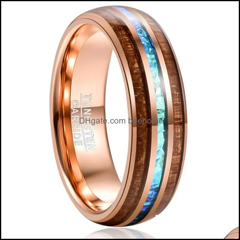 Wedding Rings Anniversary Gift 6MM Wide Plating Rose Gold Inlaid Acacia + Imitation Opel Dome Tungsten Steel Rings1