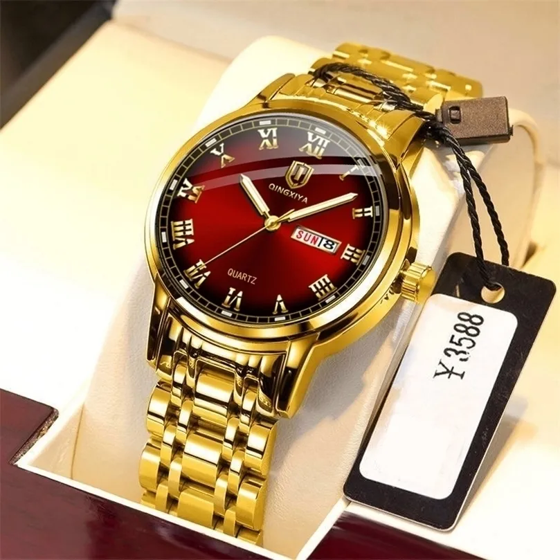 QINGXIYA Top Brand Luxury Gold Orologio al quarzo rosso da uomo in acciaio inossidabile luminoso impermeabile orologi settimana calendario business orologio da uomo 220530