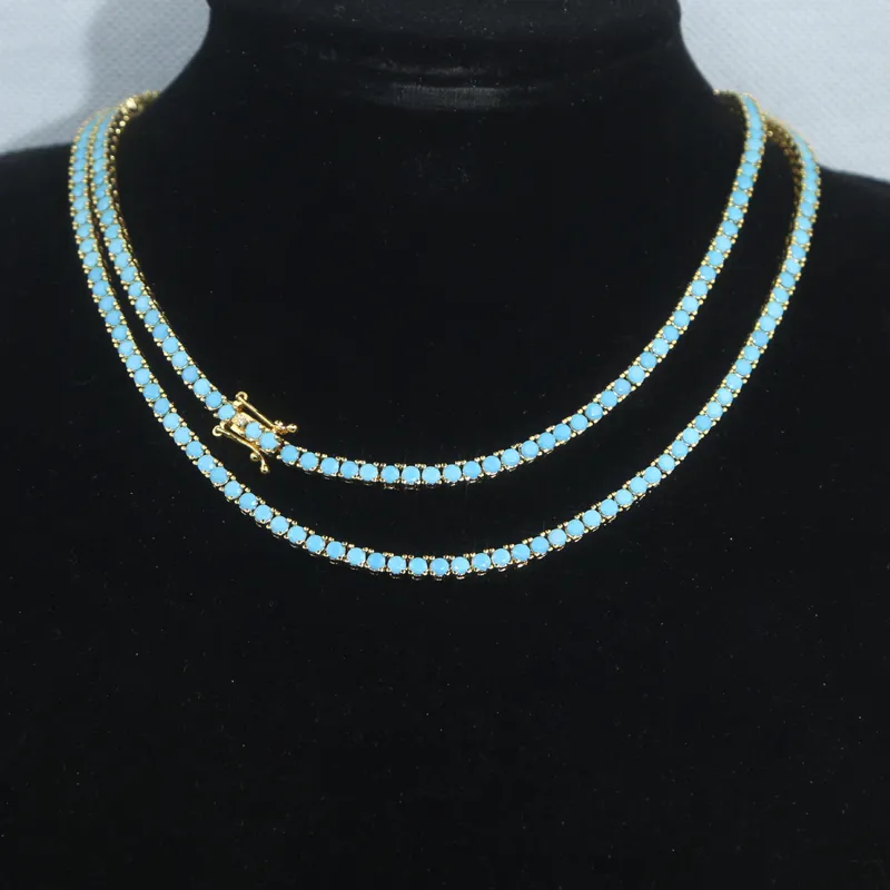 New fashion 3mm turquoise stone paved tennis chain necklace for women lady hip hop punk style wedding jewelry wholesale