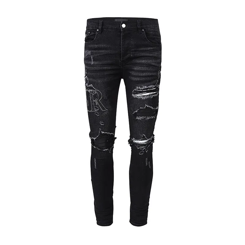 Herren-Jeans, Designer-Jeans mit Buchstaben, Löchern, schwarz, Oberschenkel, zerrissen, Knöchel, zerfetzt, zerrissene Hose, robuster Knieschnitt, Trashed Silm, modisch, lang, gerade, robust, Reißverschluss, hoch, Distress