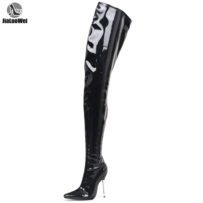 Krotki Botki Udo Wysokie Sexy Fetysz Długie Buty 12 CM Extreme High Heel Over-the-Knee Błyszczące Matte Patent PU Leather Women Boots 220316