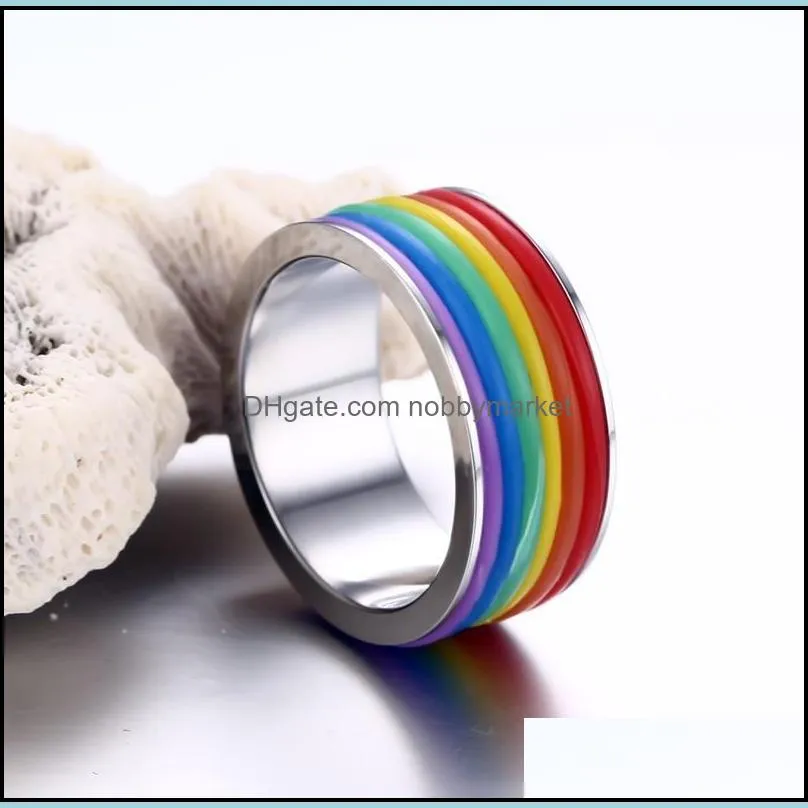 9MM Rainbow Ring Fashion Unisex Titanium Stainless Steel Finger Ring for Man Women Engagement Party Couple Rings Gifts