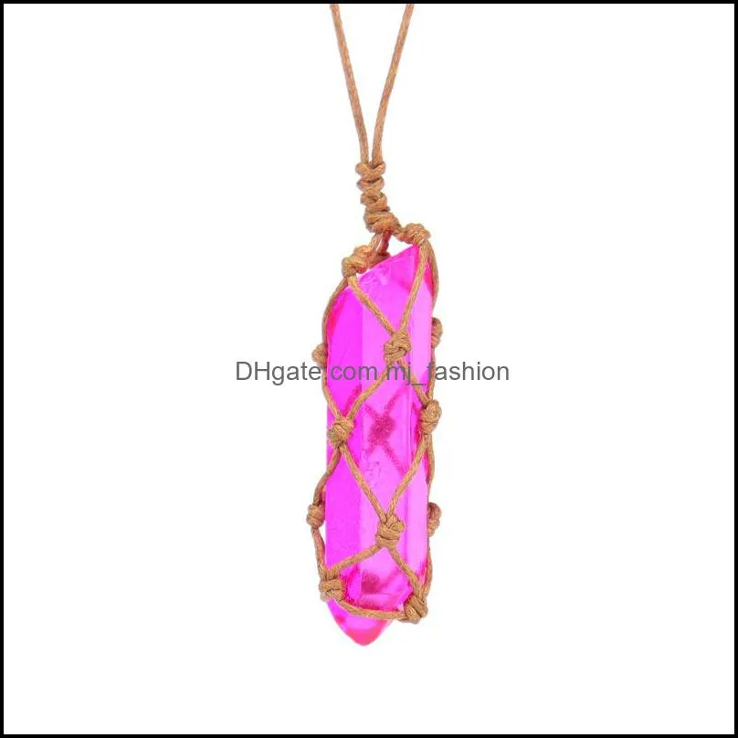 healing crystal column dyed natural stone pillar pendant weave net bag charms green pink crystal rope chain necklaces mjfashion