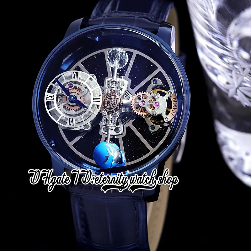 BZF Astronomia Tourbillon Swiss Quartz Mens Watch PVD الأزرق الفولاذ المقاوم للصدأ علبة السماء Sky Skyble 3D Dial (لا تدور) الجلود الأزرق الساكنة الساعات الأبدية