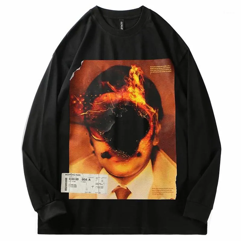 T-shirt da uomo uomo manica lunga hip hop focolare fiamma fiamme bruciatura point stampa tshirt harajuku streetwear casual cotone top tees autunno
