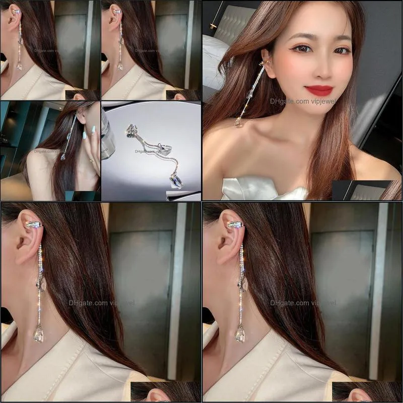 clip-on & screw back fashion korean rhinestone water drop cuff earrings for women crystal long tassel ear clip jewelry party