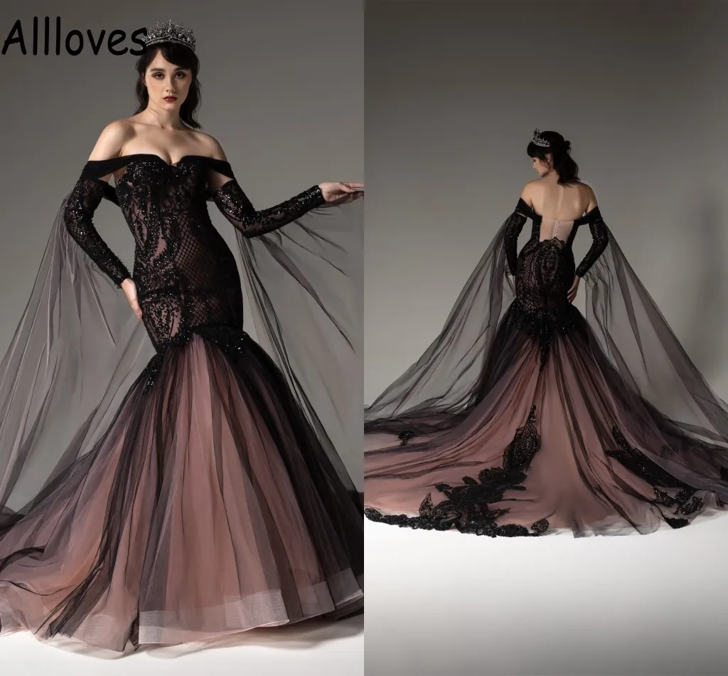 Gothic Black Mermaid Wedding Gowns With Wrap Off Shoulder Long Sleeves Lace Applique Beaded Vintage Bridal Dress Court Trian Sexy Backless Vestidos De Novia CL0275