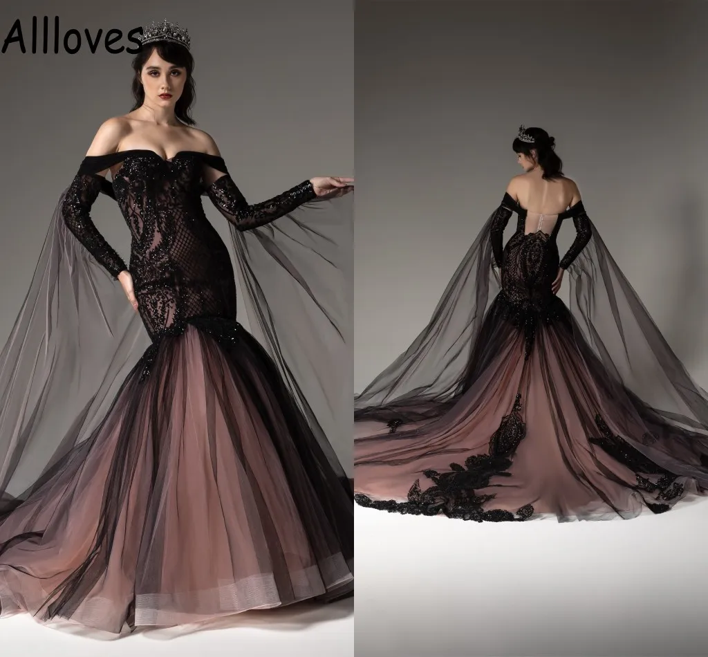 Gotische zwarte zeemeermin trouwjurken met wrap -off schouder lange mouwen kanten applique kralen vintage bruidsjurk court trian sexy backless vestidos de novia cl0275