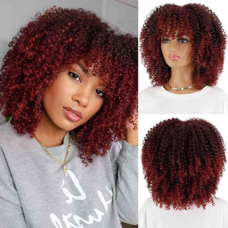 Nxy peruker linghang kort hår afro kinky curly med bang för svarta kvinnor afrikanska syntetiska omber gluele coplay gradient 220528