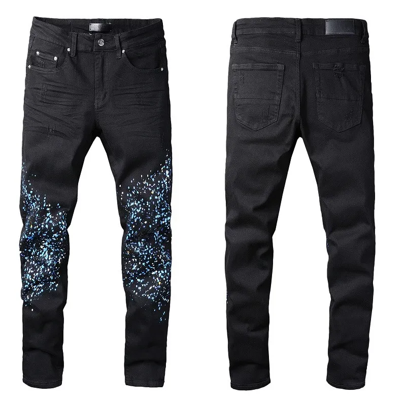 2024 Black Jeans Mens med Blue Paint Denim Skinny Slim Biker Moto Hip Hop Straight Leg Spray On Vintage Distress Stretch For Guys Man Rip Fits P P