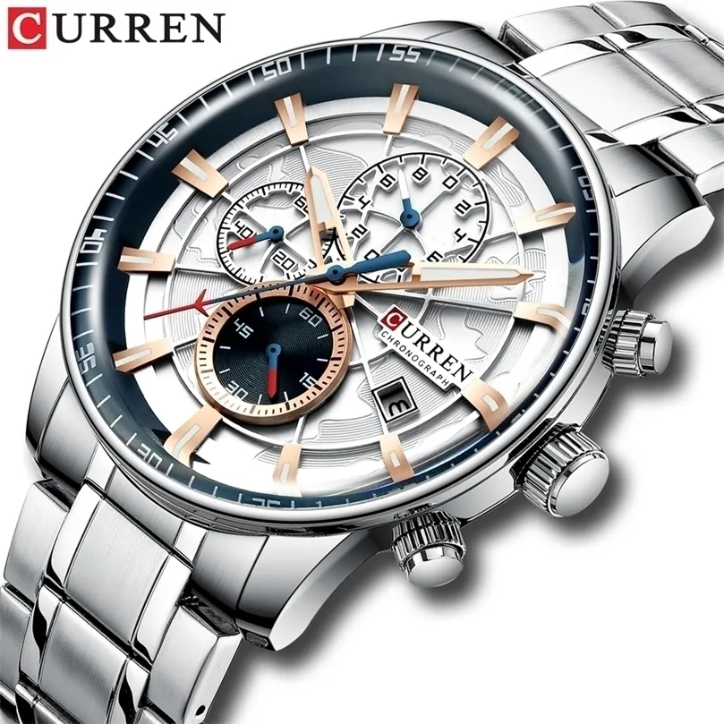 Relojes para hombre CURREN Moda de acero inoxidable Top Brand Luxury Casual Cronógrafo Reloj de pulsera de cuarzo para hombre 220530