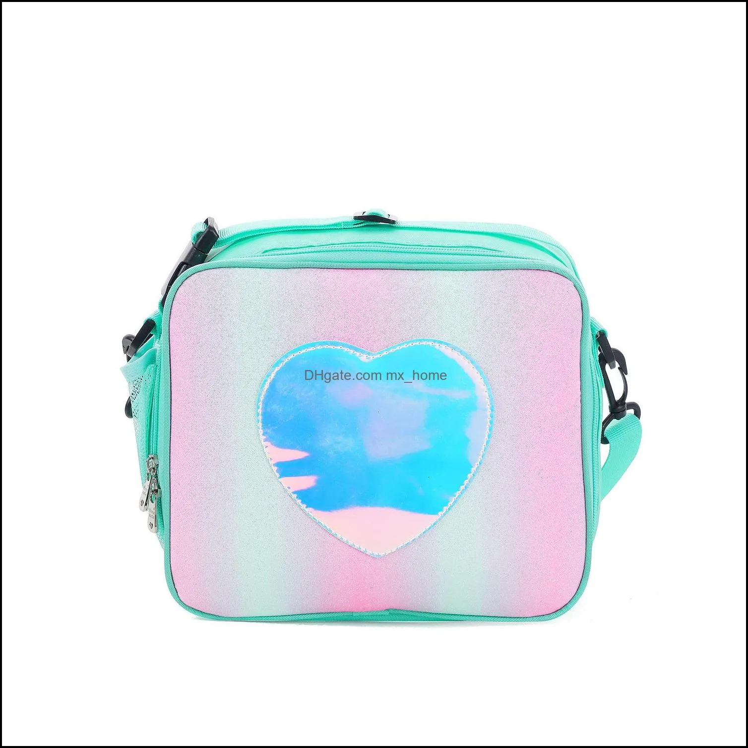 rainbow loving heart laser lunch bag portable bento pouch for children thermal insulated lunch box tote cooler bag shoulder bag