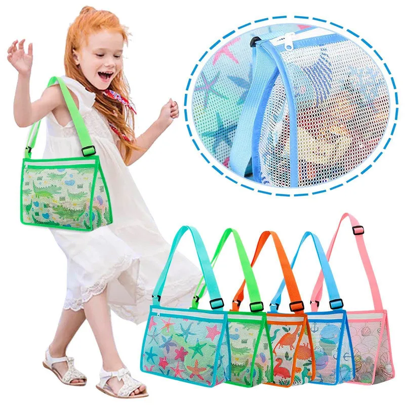 Kinderen Beach Shell Tassen voor zeeschelp speelgoedcollectie mesh opbergtas cartton dinosaurus zeester geprinte ritszake tas 20x25 cm ins