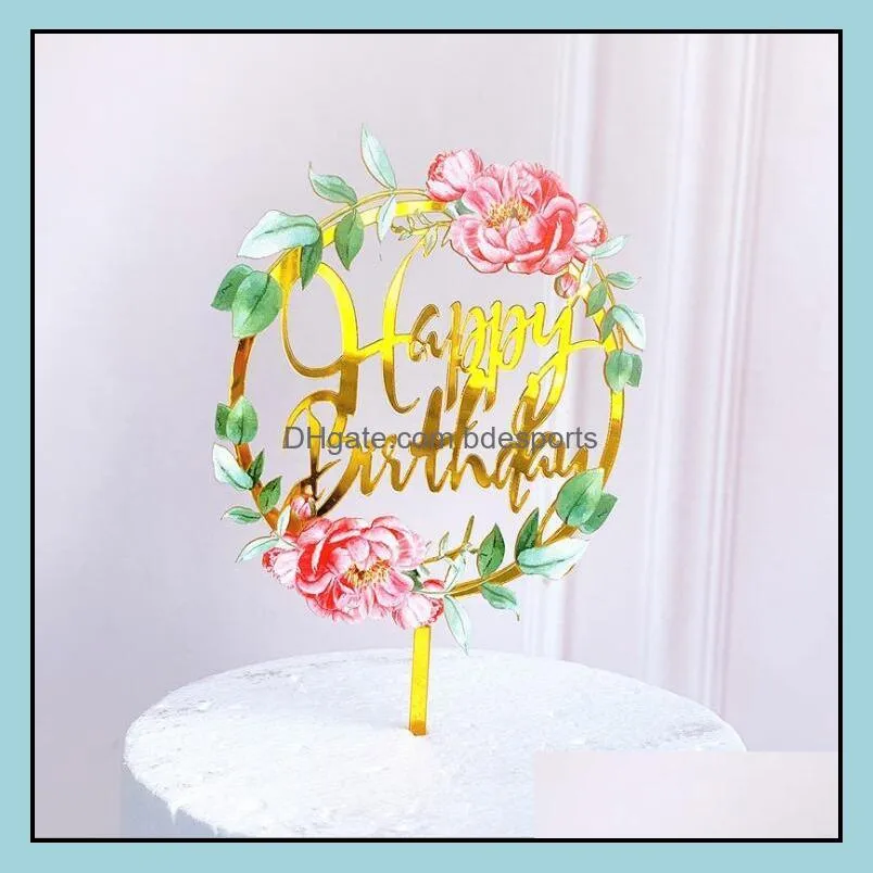 Cake Topper Light Flower Happy Birthday Cake Inserted Card Acrylic Elegant Font Birthday Party Baking Decoration Supplies ZYY400