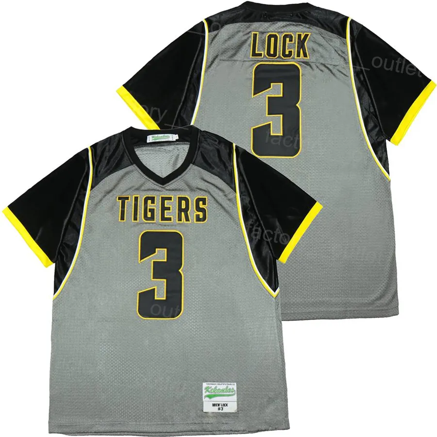 Мужская футбольная средняя школа Missouri Tigers 3 Drew Lock Jersey Hip Hop Moive вышивка и шить Hiphop для спортивных фанатов Команда Команда Color Color Grey University Top Caffence