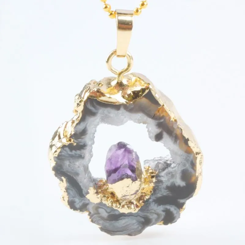 Pendentif Colliers Agate Naturelle Irrégulière Quartz Tranche Géode Cristal Druzy Incrusté Améthyste Point BijouxPendentif