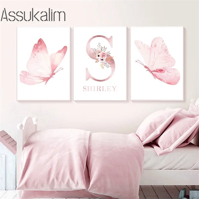 Nom personnalisé imprime toile peinture fleur affiche nordique affiches rose mur Art bébé fille chambre décor 220614