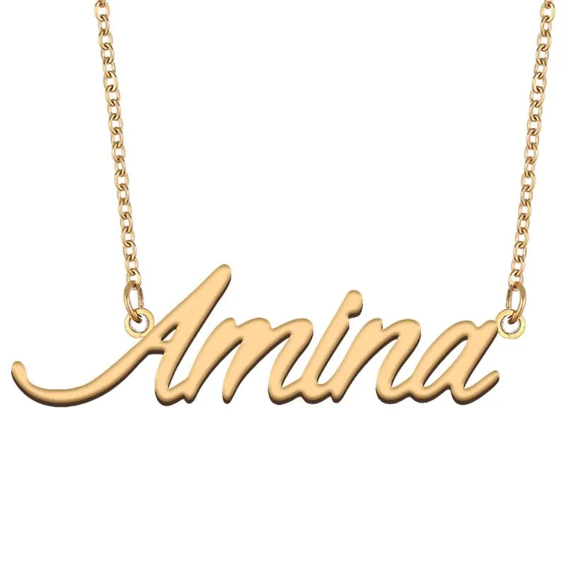 Colares pendentes Colar de nome amina para mulheres jóias de aço inoxidável 18K Placa de identificação do alfabeto de ouro femme namorada presentependa