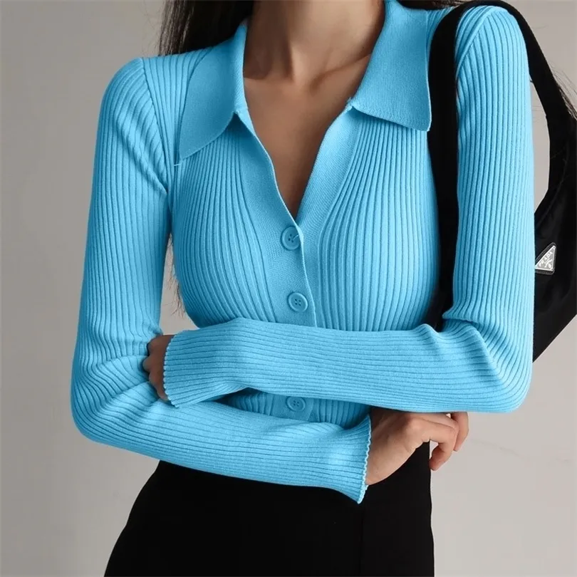 Women Lapel Slim Slimming Tops Ladies Hollow Buttons Sexy V Neck Long Sleeve POLO Neck Knit Cardigan Sweater Women 220817