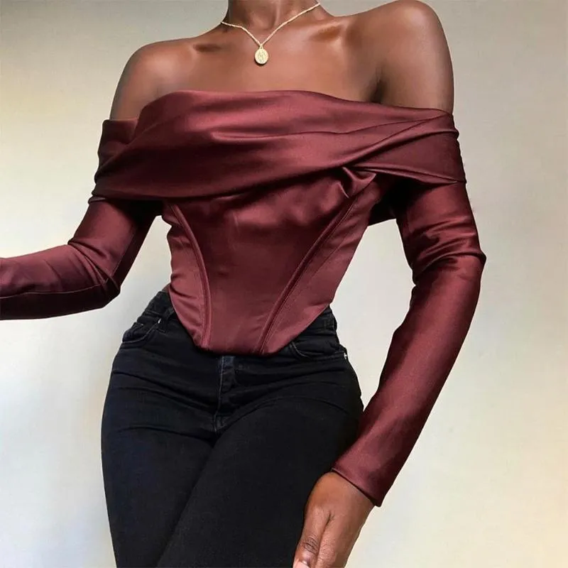 Women's T-Shirt High Quality Summer Women Bodycon Top 2022 Arrivals Y2k Satin Dress Lined Wine Red Long Sleeve Crop Sexy Party ClubWomen's