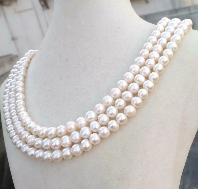 Kedjor 3Row Strands Natural 7-8mm Akoya White Pearl Necklace 18 "19" 20 "14K Gold Platechains