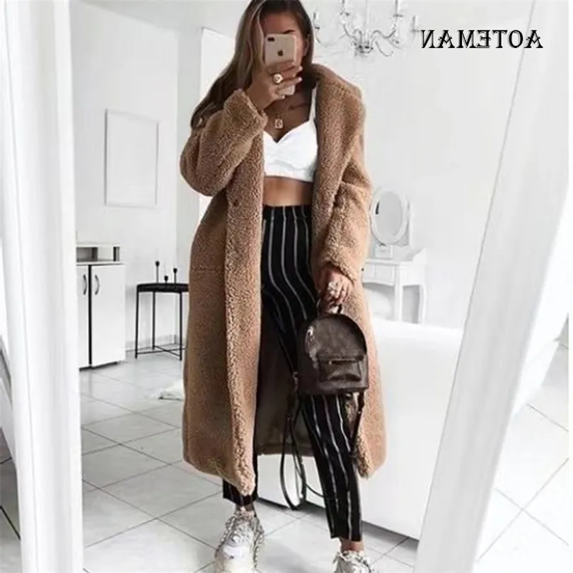 Autumn Winter Coat Women Casual Loose Solid Long Teddy Coat Female Vintage Plus Size Thick Faux Pälsjackor Rockar White 5XL T200507