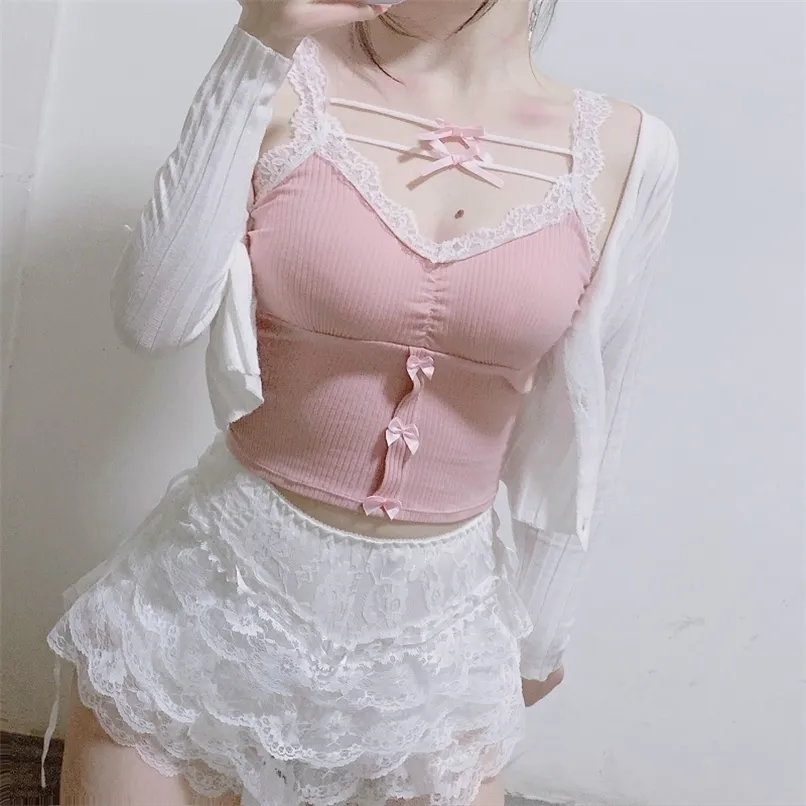 Rosa Crop Top Kvinnor Sommar Söt Y2K Toppar Lace Trim Bow Dekoration Slim Camis Sweet Girl Lolita Style Estetiska Kawaii Kläder 220316