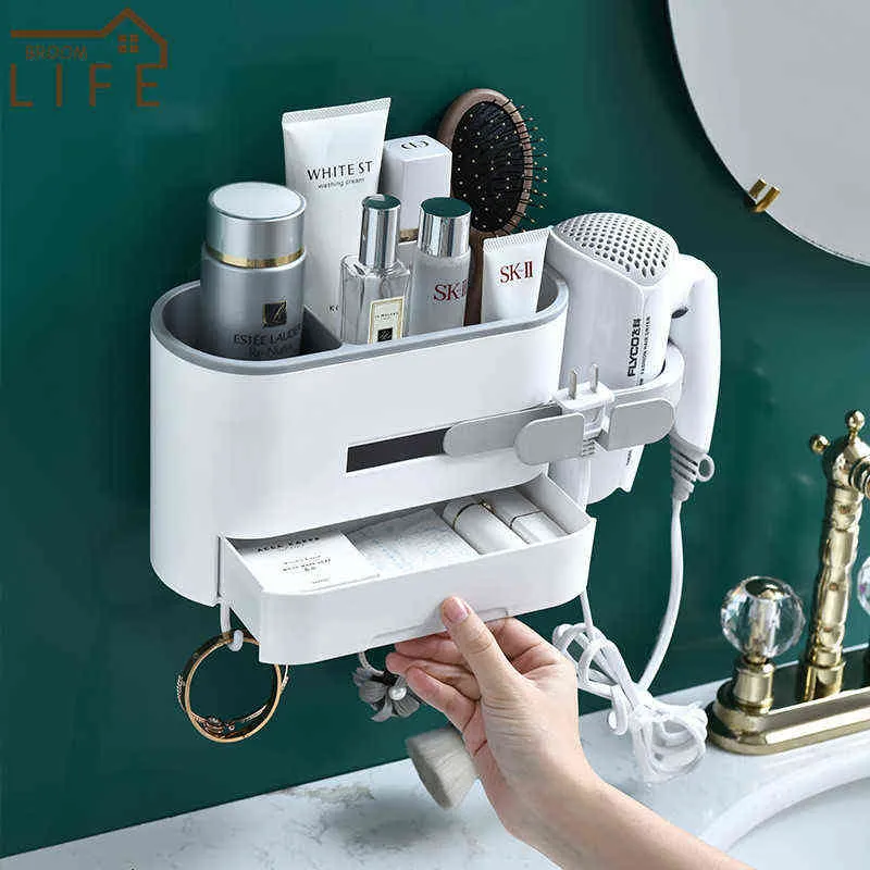 Multifunctional Bathroom Storage Shelf Hair Dryer Rack White Shower Organizer Wall Mount Kitchen Shelves Holder Toilet Accessories J220702