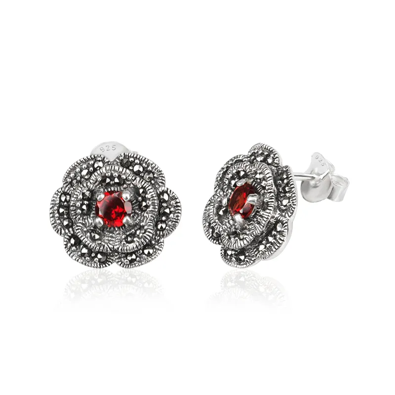 Vintage 16mm Flower Marcasite Stud Earrings 925 Sterling Silver Inlay 5mm Garnet Ear Stud for Women