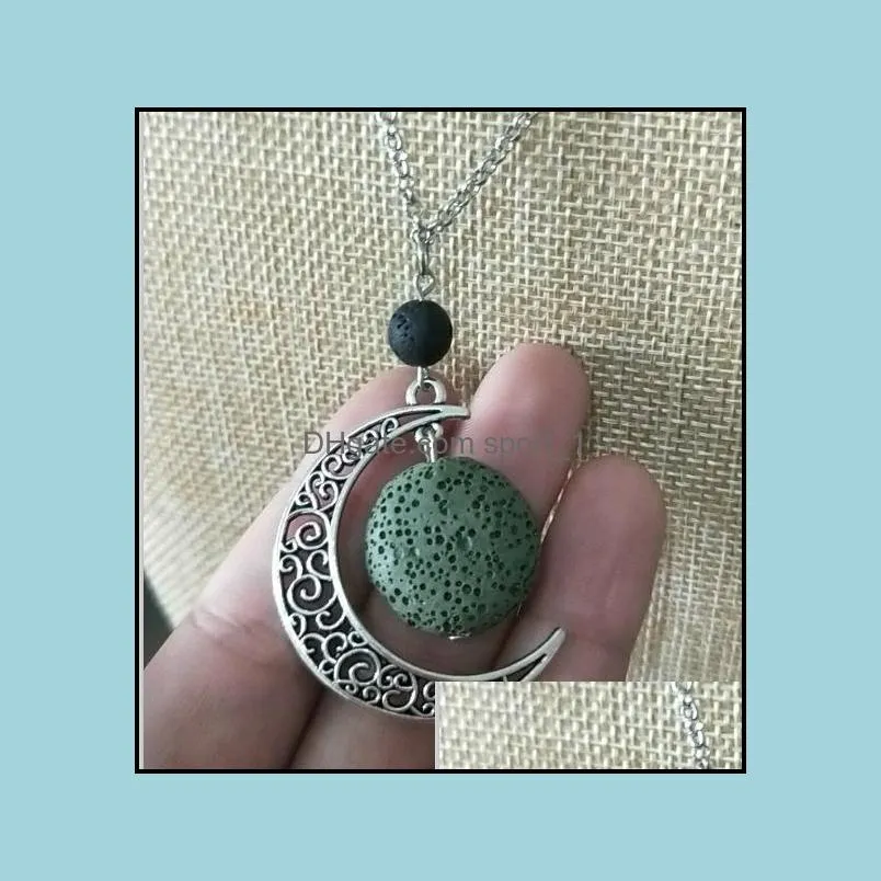 fashion silver color round lava stone moon necklace volcanic rock aromatherapy essential oil diffuser necklace for women jewelry