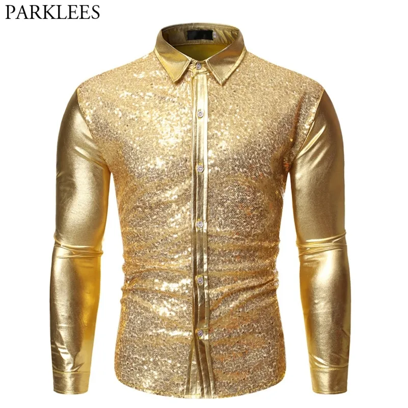 Gold Shiny Night Club Wear Camisas De Vestir Para Hombre Lentejuelas