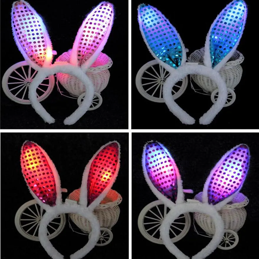 LED Light Flashing Fluffy Rabbit Ears Headband Sequins Headdress Bunny ...