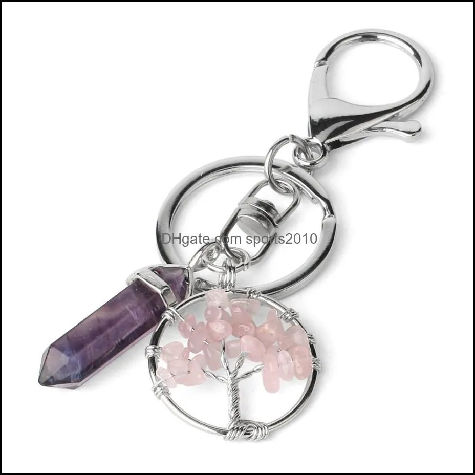 natural stone tree of life key rings fluorite hexagonal prism keychains healing rose crystal car decor keyholder for women men