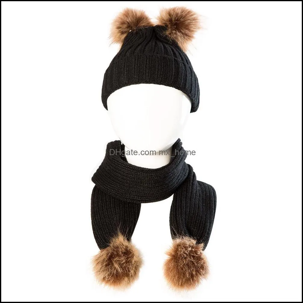new autumn winter baby kids faux fur ball knitted hat scarf set children knitwear beanie skull cap scarf 15174