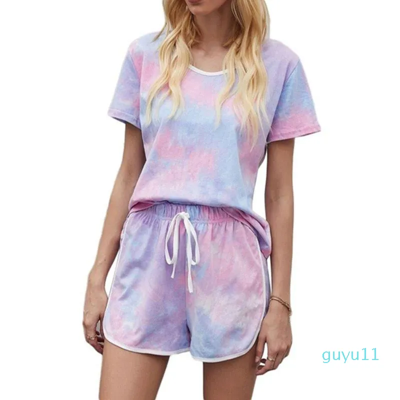 Agasalhos femininos Conjunto de verão feminino Gradiente Tie-Dye Tops de manga curta Shorts com cordão Solto Agasalho de treino para casa