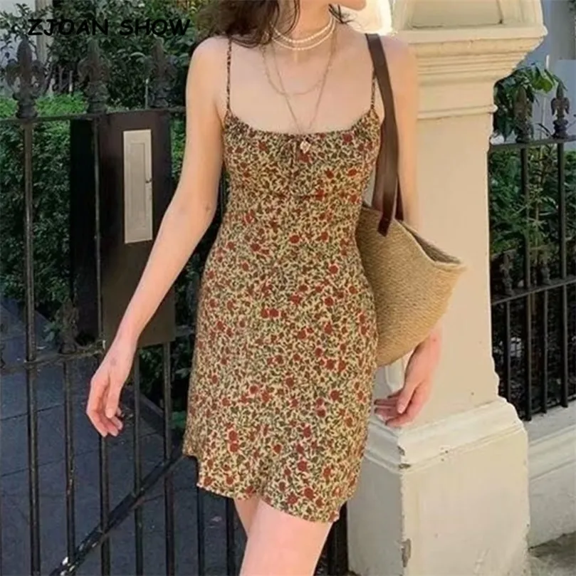 Summer Brown Floral Print Backless Sling Dress Summer Woman Adjust Spaghetti Strap Abiti corti Beach Holiday Vestidos 220511