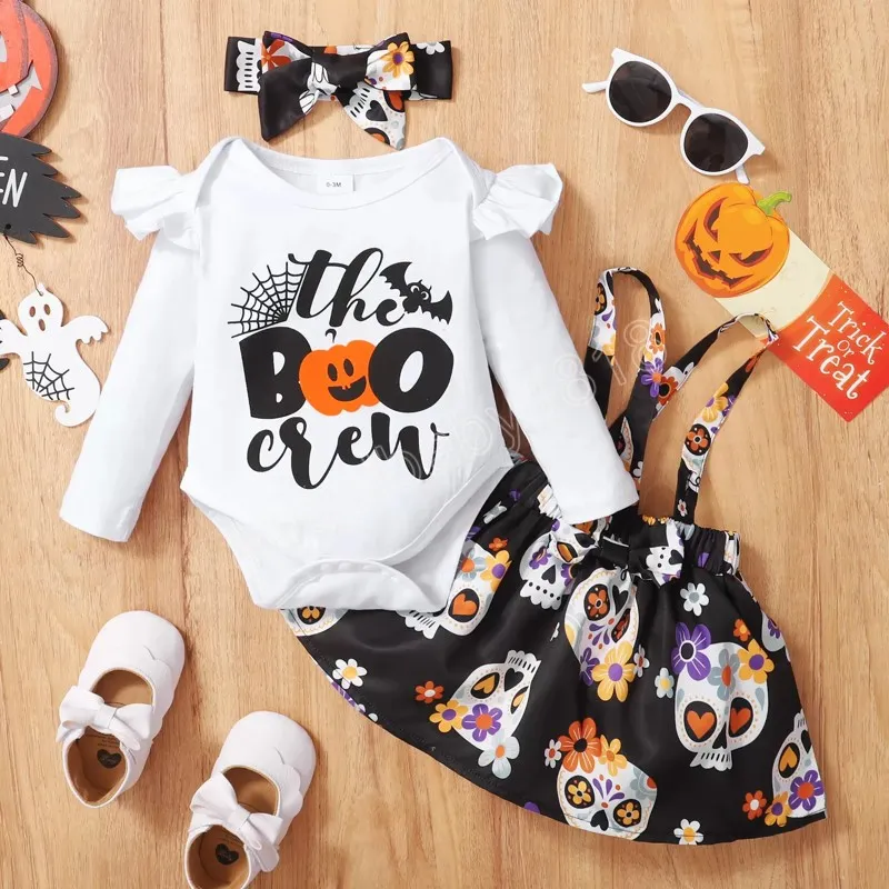 Çocuk Giyim Setleri Kızlar Cadılar Bayramı Kıyafetleri Bebek Pumpkin Baskı Uçan Kol Üstleri Kafatası Sling Head Band 3pcs/Set Bahar Sonbahar Moda Bebek Giysileri
