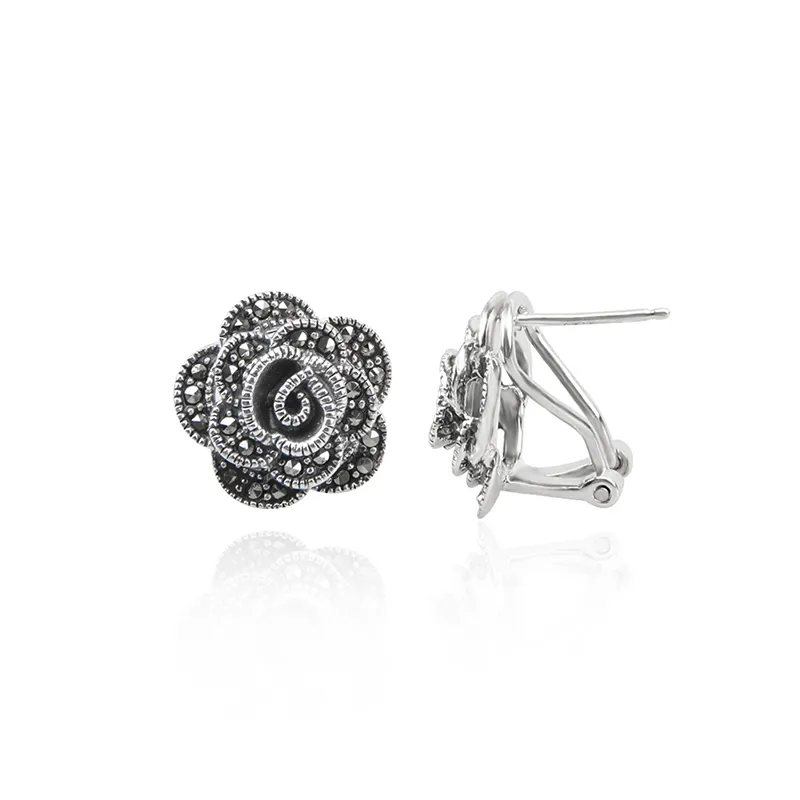 Vintage 1.5cm Flower Stud Earrings Inlay Marcasite 925 Sterling Silver Ear Stud for Women