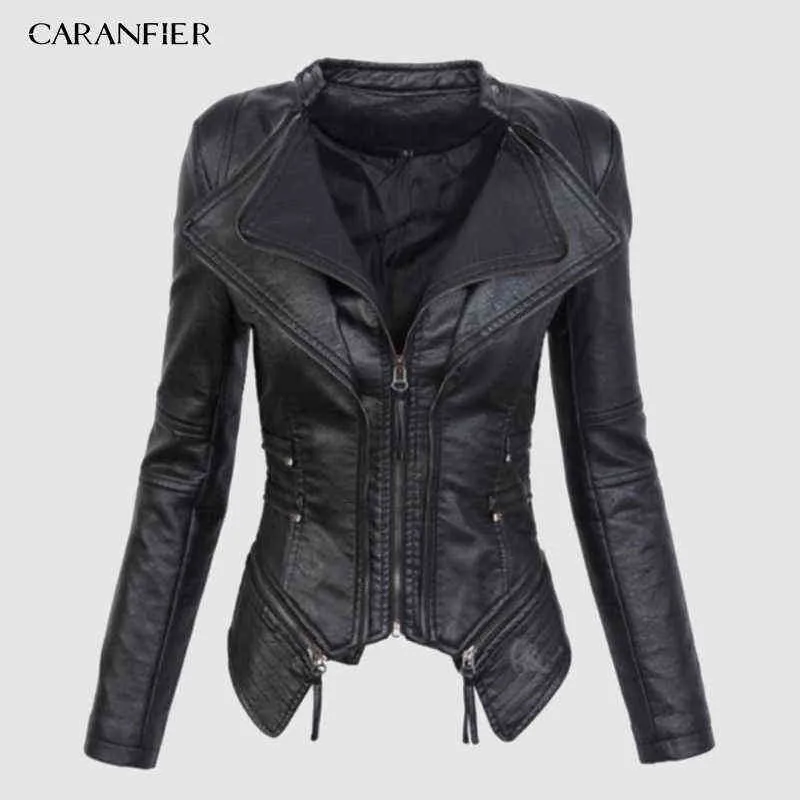 CARANFIER 2019 nueva chaqueta de cuero Pu para mujer de otoño abrigo de cuero suave de imitación diseño corto cremallera chaqueta de motocicleta negra delgada L220728