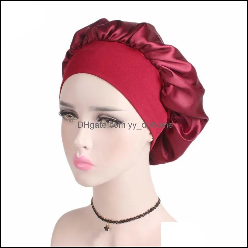 solid color women satin sleep caps hair care bonnet night hat headwear wide shower elastic headwrap