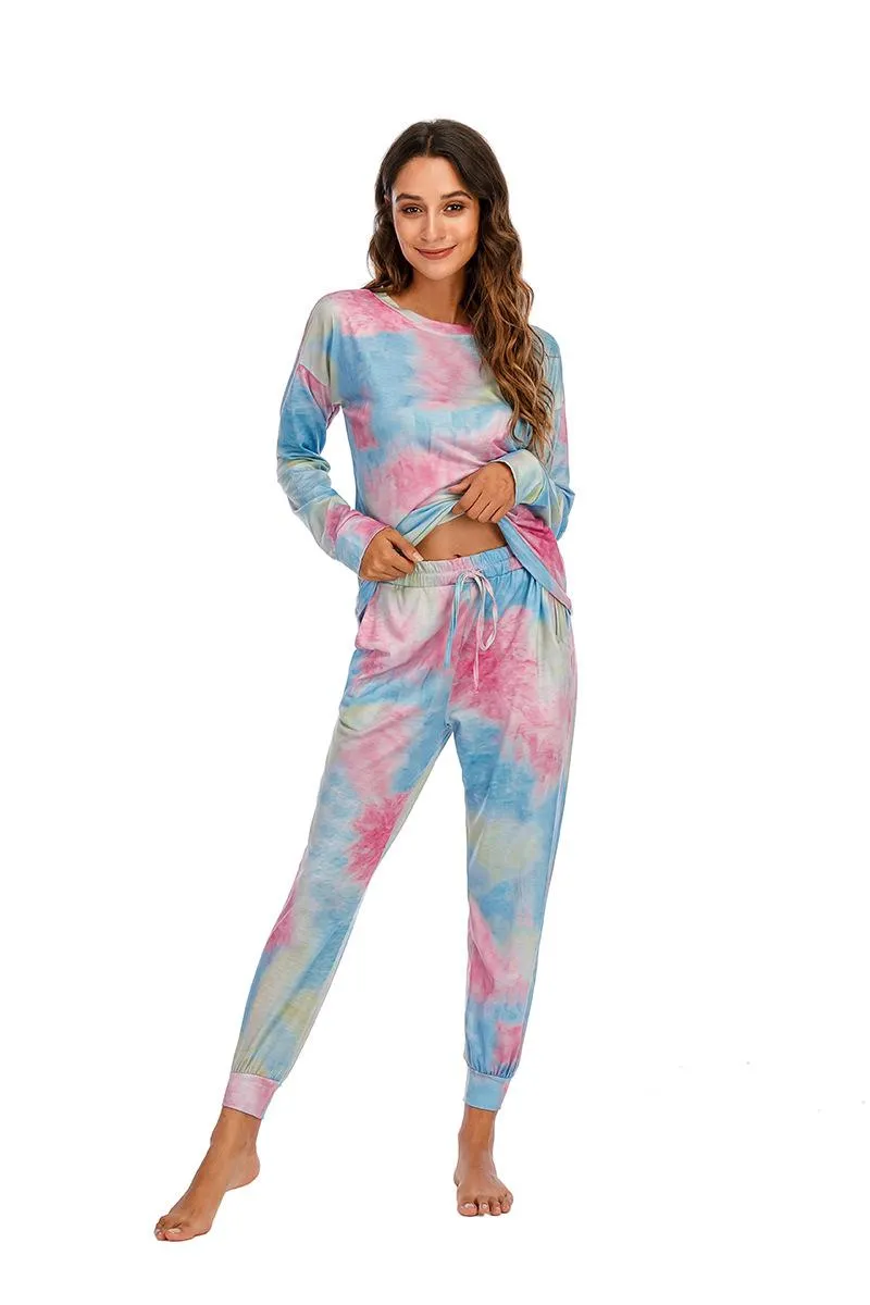 Women's Two Piece Pants Tie-dye Print Tracksuit Long Sleeve Set Women O-Neck T-Shirt Top Drawstring Suit Casual Homewear FemaleWomen's