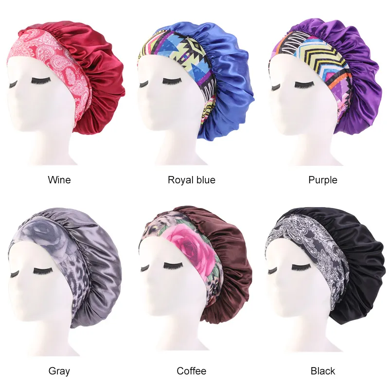 Frauen Satin Seide Motorhaube Weiche Nacht Schlaf Caps Floral Breites Band Elastische Haar Schützen Kopf Abdeckung Schönheit Salon Hut Damen beanie