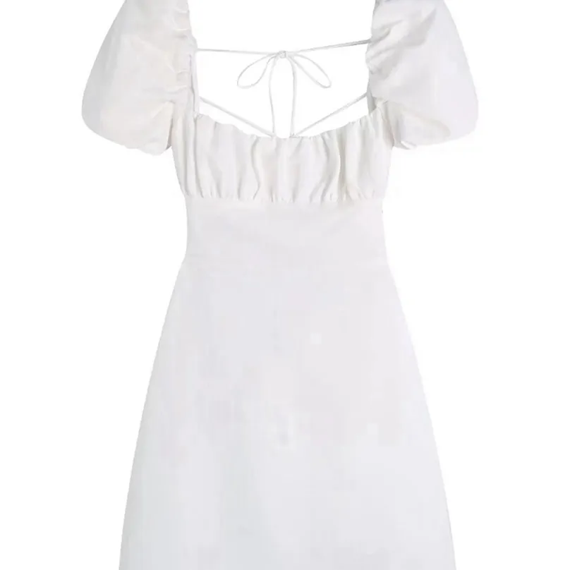 Tangada Summer Women White Cotton Dress Backless Puff Short Sleeve Ladies Sundress 3H204 220708