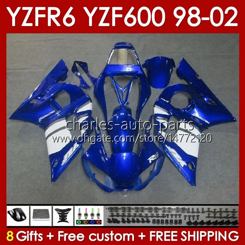 Ramka ciała dla Yamaha YZF-600 YZF R6 R 6 600 cm3 YZFR6 1998 1999 00 01 02 Bodywork 145 NO.8 YZF 600 CC Cowling YZF-R6 98-02 YZF600 98 99 2000 2001 2002 Fairing Blue Biała BLK