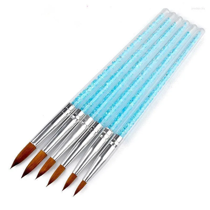 Nail Brushes Nylon Hair Brush Blue Rhinestone Handle Kolinsky Acrylic Pen Gel Builder Carving Dotting Drawing Tools 6Pcs/set Prud22
