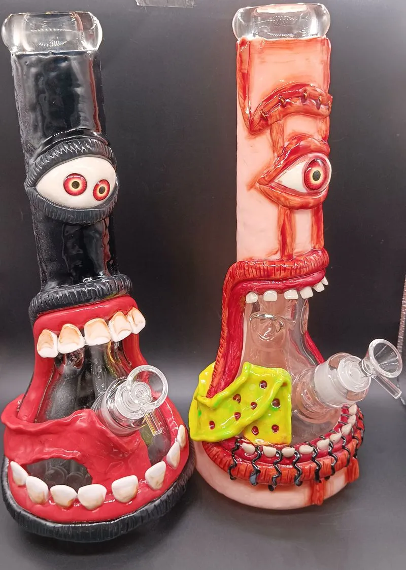 Cachimbas Bong de agua fría de vidrio de alto borosilicato de 10 pulgadas de espesor con patrón de colmillo de pintura a mano de colores con hembra de 18 mm